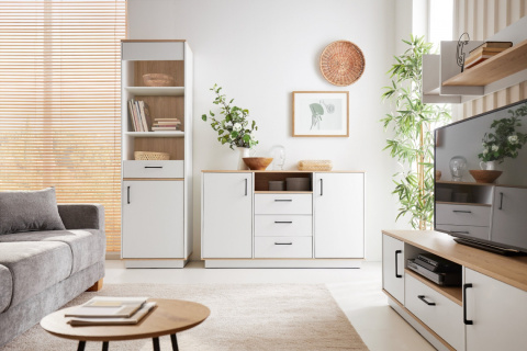 SZAFKA RTV STOJĄCA KOMODA NISKA SANTIAGO System SN05 Meblar - Dąb Biszkoptowy /Biały Lux CZARNE UCHWYTY LAMINAT DO SALONU POKOJU SZAFKA RTV STOJĄCA KOMODA NISKA SANTIAGO System SN05 Meblar - Dąb Biszkoptowy /Biały Lux CZARNE UCHWYTY LAMINAT DO SALONU POKOJU
