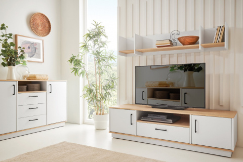 PÓŁKA Z PRZEGRÓDKAMI DO SALONU DO POKOJU WISZĄCA SANTIAGO System SN10 Meblar - Dąb Biszkoptowy / Biały Lux NAD BIURKO KOMODĘ PÓŁKA Z PRZEGRÓDKAMI DO SALONU DO POKOJU WISZĄCA SANTIAGO System SN10 Meblar - Dąb Biszkoptowy / Biały Lux NAD BIURKO KOMODĘ