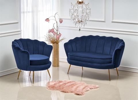 Halmar AMORINITO fotel wypoczynkowy granatowy / złoty materiał: tkanina velvet/ stal chromowana Halmar AMORINITO fotel wypoczynkowy granatowy / złoty materiał: tkanina velvet/ stal chromowana