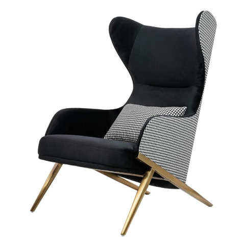 King Home Fotel HAMPTON tapicerka VELVET czarny tkanina pepitka podstawa metal złoty dodatkowa poduszka King Home Fotel HAMPTON tapicerka VELVET czarny tkanina pepitka podstawa metal złoty dodatkowa poduszka