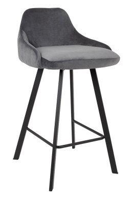 King Home Hoker Krzesło barowe CANVA tapicerowane szare velur dekoracyjne przeszycia na tyle oparcia podstawa metal czarny