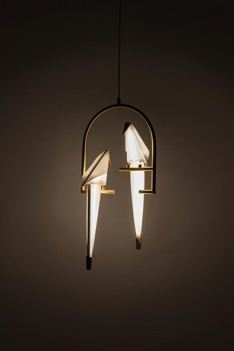 King Home Lampa wisząca LED LORO 2 metal satynowy złoty klosze w kształcie ptaków - tworzywo PP biały King Home Lampa wisząca LED LORO 2 metal satynowy złoty klosze w kształcie ptaków - tworzywo PP biały