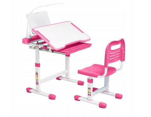 Fun Desk BIURKO KRZESEŁKO REGULOWANE + LAMPKA I STOJAK NA KSIĄŻKI - ZESTAW Cubby VANDA PINK