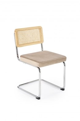 K504 krzesło beżowy / naturalny, materiał: drewno lite - kauczukowe / rattan naturalny / tkanina velvet / stal chromowana