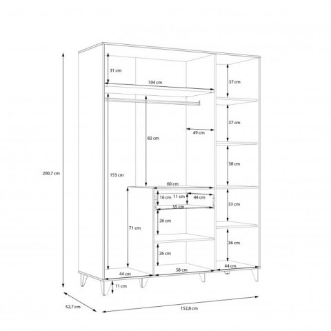Forte LYA LYAS831-M688 Szafa ubraniowa trzydrzwiowa Dąb/Czarna z szufladą Forte LYA LYAS831-M688 Szafa ubraniowa trzydrzwiowa Dąb/Czarna z szufladą