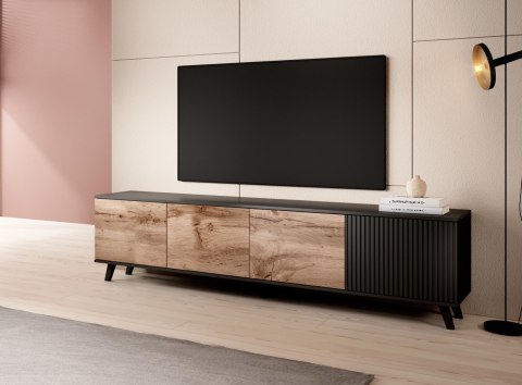 HALMAR stolik szafka RTV RANDOM RTV-3 200 cm dąb wotan/czarny MDF płyta meblowa okleinowany tworzywo PP do salonu HALMAR stolik szafka RTV RANDOM RTV-3 200 cm dąb wotan/czarny MDF płyta meblowa okleinowany tworzywo PP do salonu
