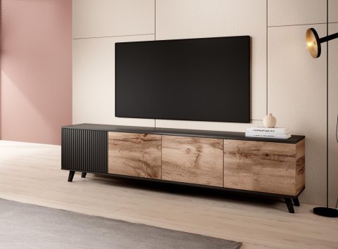 HALMAR stolik szafka RTV RANDOM RTV-3 200 cm dąb wotan/czarny MDF płyta meblowa okleinowany tworzywo PP do salonu HALMAR stolik szafka RTV RANDOM RTV-3 200 cm dąb wotan/czarny MDF płyta meblowa okleinowany tworzywo PP do salonu