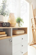 Meblar Regał PIXEL PX6 - Dąb biszkoptowy / Biały lux / Szary - młodzieżowy z szufladami - płyta laminowana- do pokoju nastolatka Meblar Regał PIXEL PX6 - Dąb biszkoptowy / Biały lux / Szary - młodzieżowy z szufladami - płyta laminowana- do pokoju nastolatka