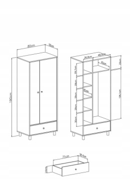 SZAFA MŁODZIEŻOWA MEBLAR FARO System FR3 - Biały Lux / Dąb Artisan / Szary DWUDRZWIOWA Z SZUFLADĄ PÓŁKI DRĄŻEK NA WIESZAKI