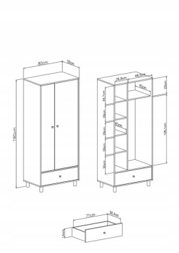 SZAFA MŁODZIEŻOWA MEBLAR FARO System FR3 - Biały Lux / Dąb Artisan / Szary DWUDRZWIOWA Z SZUFLADĄ PÓŁKI DRĄŻEK NA WIESZAKI