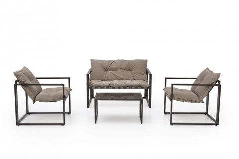 ZESTAW OGRODOWY ( sofa + fotel 2x + ława ), czarny / cappuccino SHARK HALMAR tapicerka tkanina korpus sztal malowana blat szkło ZESTAW OGRODOWY ( sofa + fotel 2x + ława ), czarny / cappuccino SHARK HALMAR tapicerka tkanina korpus sztal malowana blat szkło