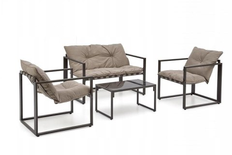 ZESTAW OGRODOWY ( sofa + fotel 2x + ława ), czarny / cappuccino SHARK HALMAR tapicerka tkanina korpus sztal malowana blat szkło ZESTAW OGRODOWY ( sofa + fotel 2x + ława ), czarny / cappuccino SHARK HALMAR tapicerka tkanina korpus sztal malowana blat szkło