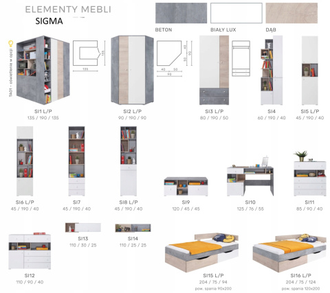 ŁÓŻKO Z SZUFLADAMI NA KÓŁKACH MŁODZIEŻOWE - Beton / Biały Lux / Dąb Meblar SIGMA System SI15 90x200 MEBLE MŁODZIEŻOWE LAMINAT ŁÓŻKO Z SZUFLADAMI NA KÓŁKACH MŁODZIEŻOWE - Beton / Biały Lux / Dąb Meblar SIGMA System SI15 90x200 MEBLE MŁODZIEŻOWE LAMINAT