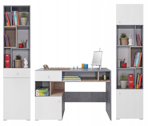 BIURKO MŁODZIEŻOWE Z SZUFLADĄ I PÓŁKAMI - Beton / Biały Lux / Dąb Meblar SIGMA System SI10 MEBLE MŁODZIEŻOWE PŁYTA LAMINOWANA BIURKO MŁODZIEŻOWE Z SZUFLADĄ I PÓŁKAMI - Beton / Biały Lux / Dąb Meblar SIGMA System SI10 MEBLE MŁODZIEŻOWE PŁYTA LAMINOWANA