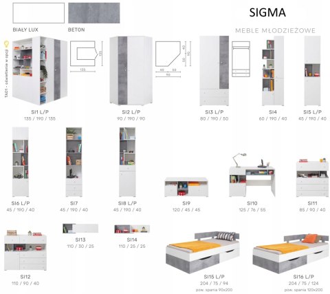 ŁÓŻKO 120x200 MŁODZIEŻOWE Z SZUFLADAMI WYSUWANYMI NA KÓŁKACH - Beton / Biały Lux /Dąb Meblar SIGMA System SI16 MEBLE MŁODZIEŻOWE ŁÓŻKO 120x200 MŁODZIEŻOWE Z SZUFLADAMI WYSUWANYMI NA KÓŁKACH - Beton / Biały Lux /Dąb Meblar SIGMA System SI16 MEBLE MŁODZIEŻOWE