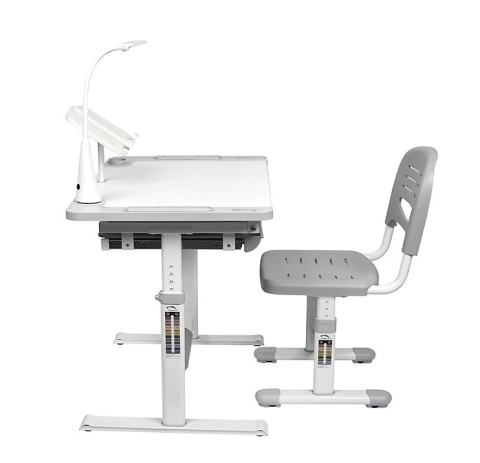 Fun Desk Regulowane biurko z krzesełkiem Littonia Grey białe szare, lampa i stojak na książki Fun Desk Regulowane biurko z krzesełkiem Littonia Grey białe szare, lampa i stojak na książki