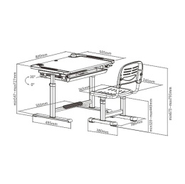 Fun Desk Regulowane biurko z krzesełkiem Littonia Grey białe szare, lampa i stojak na książki