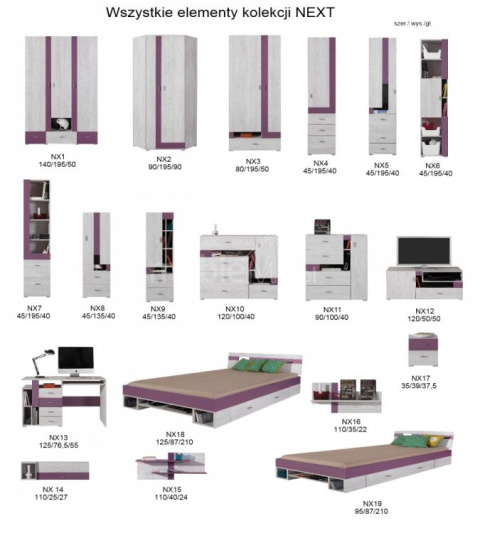 Meblar NEXT System NX19 - Sosna bielona / Viola - Łóżko młodzieżowe z szufladą 95/210 Meblar NEXT System NX19 - Sosna bielona / Viola - Łóżko młodzieżowe z szufladą 95/210