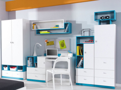 REGAŁ MOBI System MO3 Meblar - Biały Lux / Turkus regał z wnęką szafką szufladami PŁYTA LAMINOWANA MEBLE MŁODZIEŻOWE REGAŁ MOBI System MO3 Meblar - Biały Lux / Turkus regał z wnęką szafką szufladami PŁYTA LAMINOWANA MEBLE MŁODZIEŻOWE