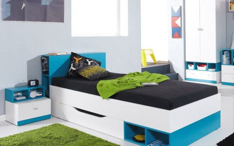 REGAŁ MOBI System MO3 Meblar - Biały Lux / Turkus regał z wnęką szafką szufladami PŁYTA LAMINOWANA MEBLE MŁODZIEŻOWE REGAŁ MOBI System MO3 Meblar - Biały Lux / Turkus regał z wnęką szafką szufladami PŁYTA LAMINOWANA MEBLE MŁODZIEŻOWE