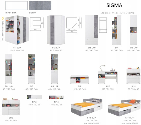ZESTAW Z BIURKIEM MEBLE MŁODZIEŻOWE Meblar SIGMA System E Biały Lux / Beton SZAFA DWUDRZWIOWA KOMODA REGAŁY, PÓŁKA LAMINAT + ABS ZESTAW Z BIURKIEM MEBLE MŁODZIEŻOWE Meblar SIGMA System E Biały Lux / Beton SZAFA DWUDRZWIOWA KOMODA REGAŁY, PÓŁKA LAMINAT + ABS