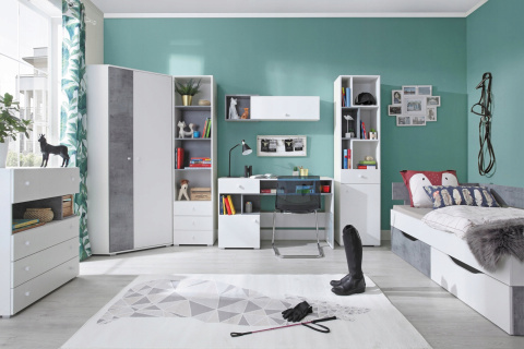 ŁÓŻKO Z SZUFLADAMI NA KÓŁKACH 90x200 Meblar SIGMA System SI15 - Biały Lux / Beton MEBLE MŁODZIEŻOWE PŁYTA LAMINOWANA OBRZEŻA ABS ŁÓŻKO Z SZUFLADAMI NA KÓŁKACH 90x200 Meblar SIGMA System SI15 - Biały Lux / Beton MEBLE MŁODZIEŻOWE PŁYTA LAMINOWANA OBRZEŻA ABS