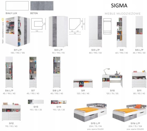 REGAŁ MŁODZIEŻOWY Z PÓŁKAMI SIGMA System SI6 Meblar - Beton / Biały Lux / Dąb - z półkami i wnękami PŁYTA LAMINOWANA OBRZEŻA ABS REGAŁ MŁODZIEŻOWY Z PÓŁKAMI SIGMA System SI6 Meblar - Beton / Biały Lux / Dąb - z półkami i wnękami PŁYTA LAMINOWANA OBRZEŻA ABS