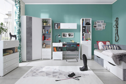 KOMODA Z SZUFLADAMI I PÓŁKAMI SIGMA System SI11 Meblar - Biały Lux / Beton MEBLE MŁODZIEŻOWE PŁYTA LAMINOWANA OBRZEŻA ABS KOMODA Z SZUFLADAMI I PÓŁKAMI SIGMA System SI11 Meblar - Biały Lux / Beton MEBLE MŁODZIEŻOWE PŁYTA LAMINOWANA OBRZEŻA ABS