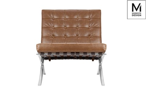 FOTEL WYPOCZYNKOWY BARCELON VINTAGE PU - ekoskóra BRĄZOWA stal polerowana SREBRNA Modesto Design MODESTO FOTEL WYPOCZYNKOWY BARCELON VINTAGE PU - ekoskóra BRĄZOWA stal polerowana SREBRNA Modesto Design MODESTO