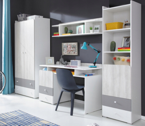 SZAFA TRZYDRZWIOWA MŁODZIEŻOWA COMO System CM1 Meblar - Biały Lux / Dąb Wilton biały / Szary PÓŁKI SZUFLADY LAMINAT OBRZEŻA ABS SZAFA TRZYDRZWIOWA MŁODZIEŻOWA COMO System CM1 Meblar - Biały Lux / Dąb Wilton biały / Szary PÓŁKI SZUFLADY LAMINAT OBRZEŻA ABS