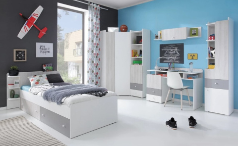 SZAFA TRZYDRZWIOWA MŁODZIEŻOWA COMO System CM1 Meblar - Biały Lux / Dąb Wilton biały / Szary PÓŁKI SZUFLADY LAMINAT OBRZEŻA ABS SZAFA TRZYDRZWIOWA MŁODZIEŻOWA COMO System CM1 Meblar - Biały Lux / Dąb Wilton biały / Szary PÓŁKI SZUFLADY LAMINAT OBRZEŻA ABS