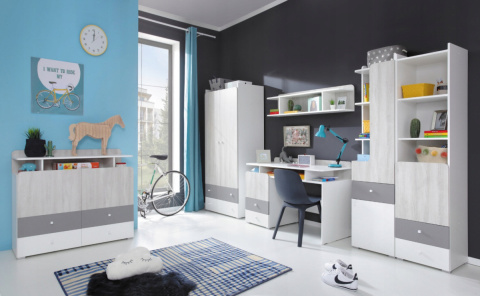 SZAFA TRZYDRZWIOWA MŁODZIEŻOWA COMO System CM1 Meblar - Biały Lux / Dąb Wilton biały / Szary PÓŁKI SZUFLADY LAMINAT OBRZEŻA ABS SZAFA TRZYDRZWIOWA MŁODZIEŻOWA COMO System CM1 Meblar - Biały Lux / Dąb Wilton biały / Szary PÓŁKI SZUFLADY LAMINAT OBRZEŻA ABS