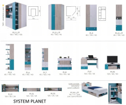 ZESTAW MEBLI MŁODZIEŻOWYCH Z BIURKIEM PLANET System B Meblar - Biały Lux /Dąb / Morski 6 el. SZAFA NAROŻNA, REGAŁY, PÓŁKA, ŁÓŻKO