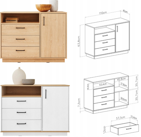 KOMODA 110 Z DRZWIAMI I SZUFLADAMI SANTIAGO System SN07 Meblar - Dąb Biszkoptowy / Biały Lux DO SALONU DLA DZIECKA NASTOLATKA KOMODA 110 Z DRZWIAMI I SZUFLADAMI SANTIAGO System SN07 Meblar - Dąb Biszkoptowy / Biały Lux DO SALONU DLA DZIECKA NASTOLATKA