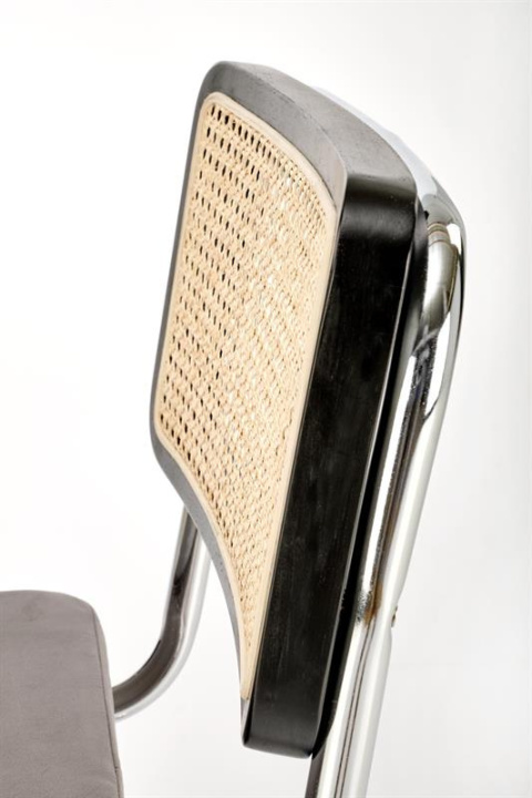 Halmar K504 krzesło popielaty / czarny, materiał: drewno lite - kauczukowe / rattan naturalny / tkanina velvet / stal chromowana Halmar K504 krzesło popielaty / czarny, materiał: drewno lite - kauczukowe / rattan naturalny / tkanina velvet / stal chromowana
