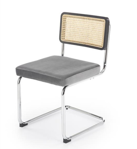 Halmar K504 krzesło popielaty / czarny, materiał: drewno lite - kauczukowe / rattan naturalny / tkanina velvet / stal chromowana Halmar K504 krzesło popielaty / czarny, materiał: drewno lite - kauczukowe / rattan naturalny / tkanina velvet / stal chromowana