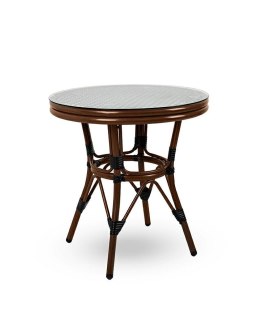 STÓŁ OKRĄGŁY FI60 CAFE PARIS 60 King Home BRĄZOWY RATTAN METAL SZKLANY BLAT