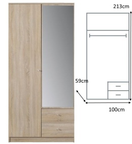 SZAFA DWUDRZWIOWA Z LUSTREM I SZUFLADAMI OPTIMO OP3 - Dąb Sonoma Meblar PŁYTA LAMINOWANA