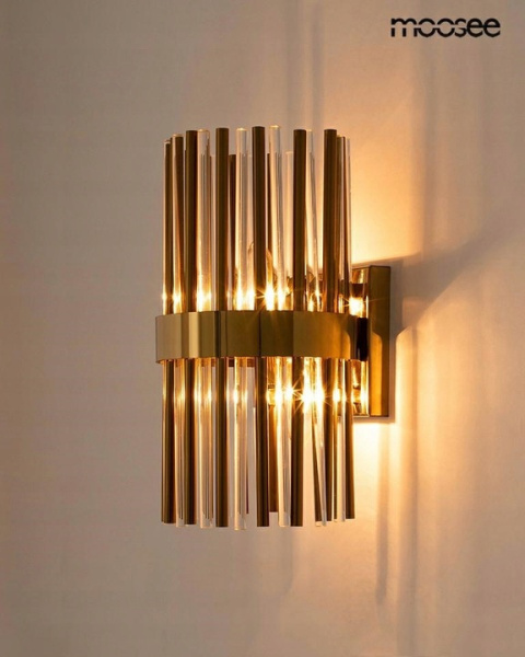 LAMPA ŚCIENNA KINKIET GARDA STAL ZŁOTA KLOSZE KRYSZTAŁOWE BEZBARWNE 2xE14 Moosee MOOSEE LAMPA ŚCIENNA KINKIET GARDA STAL ZŁOTA KLOSZE KRYSZTAŁOWE BEZBARWNE 2xE14 Moosee MOOSEE
