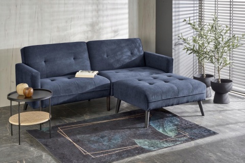 SOFA ROZKŁADANA KANAPA Z PODNÓŻKIEM CORNELIUS HALMAR z funkcją narożnika NIEBIESKA TKANINA LITE DREWNO SOFA ROZKŁADANA KANAPA Z PODNÓŻKIEM CORNELIUS HALMAR z funkcją narożnika NIEBIESKA TKANINA LITE DREWNO