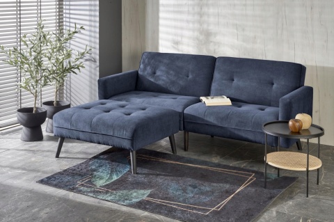 SOFA ROZKŁADANA KANAPA Z PODNÓŻKIEM CORNELIUS HALMAR z funkcją narożnika NIEBIESKA TKANINA LITE DREWNO SOFA ROZKŁADANA KANAPA Z PODNÓŻKIEM CORNELIUS HALMAR z funkcją narożnika NIEBIESKA TKANINA LITE DREWNO