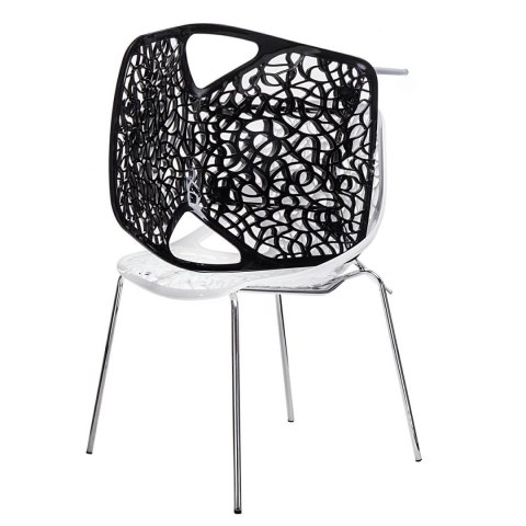 D2.DESIGN Krzesło Cepelia czarne siedzisko tworzywo wzór przypomina winorośl podstawa stal chromowana można sztaplować D2.DESIGN Krzesło Cepelia czarne siedzisko tworzywo wzór przypomina winorośl podstawa stal chromowana można sztaplować