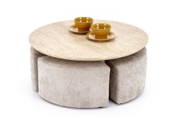 NUGAT ława z pufami ława: trawertyn, pufa: jasny popiel