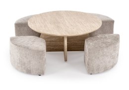 NUGAT ława z pufami ława: trawertyn, pufa: jasny popiel