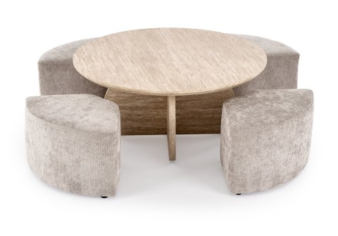 NUGAT ława z pufami ława: trawertyn, pufa: jasny popiel