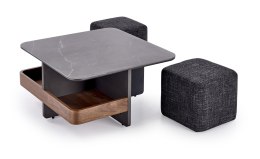 VICKER ława z pufami blat: czarny marmur, rama: czarny / orzech, pufa: ciemny popiel