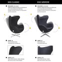 King Home Fotel EGG CLASSIC czarny.30 - wełna kaszmir obrotowy z funkcją bujania podstawa polerowane aluminium