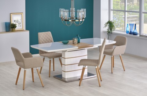 STÓŁ ROZKŁADANY TORONTO Halmar BIAŁY / DĄB ZŁOTY MDF lakier okleina naturalna szkło stal nierdzewna 140-180x80 STÓŁ ROZKŁADANY TORONTO Halmar BIAŁY / DĄB ZŁOTY MDF lakier okleina naturalna szkło stal nierdzewna 140-180x80