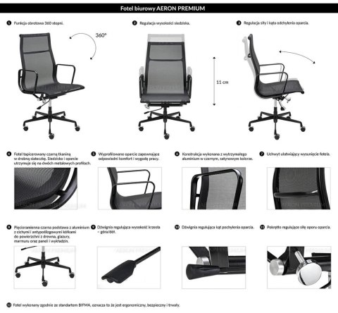 King Home Fotel biurowy obrotowy AERON PREMIUM czarny aluminium - siatka kółka chromowane regulacja wysokości funkcja bujania King Home Fotel biurowy obrotowy AERON PREMIUM czarny aluminium - siatka kółka chromowane regulacja wysokości funkcja bujania