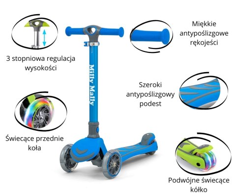 Milly Mally Scooter Hulajnoga Boogie Blue Niebieska aluminium składana regulacja wysokości kierownicy świecące koła 3 lata+ Milly Mally Scooter Hulajnoga Boogie Blue Niebieska aluminium składana regulacja wysokości kierownicy świecące koła 3 lata+